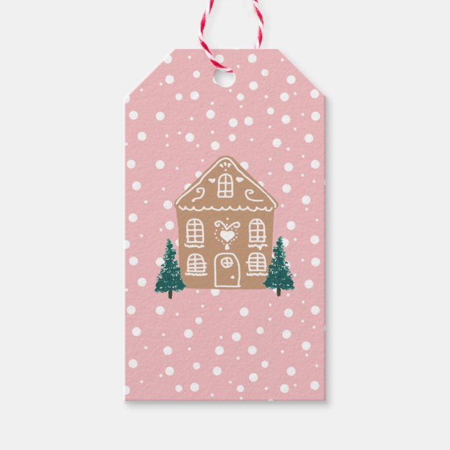 Étiquettes-cadeau Illustration de la maison en pain d'épice rose (Devant)