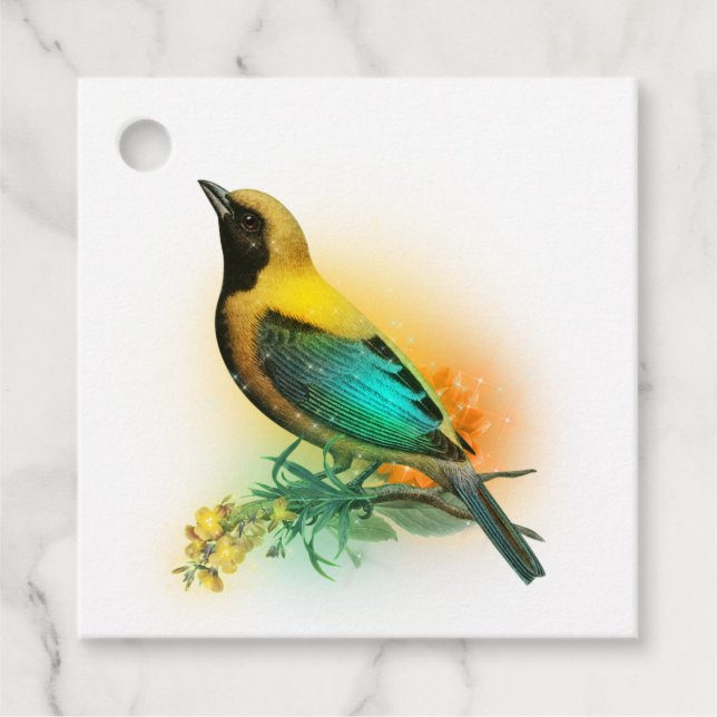 Étiquettes Cadeau Imaginaire brillant Oiseau jaune et turquoise (Devant)