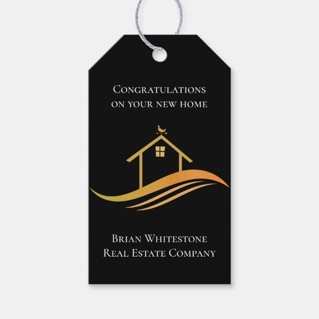 Étiquettes-cadeau Immobilier Chic Black Gold House Custom Realtor (Devant)