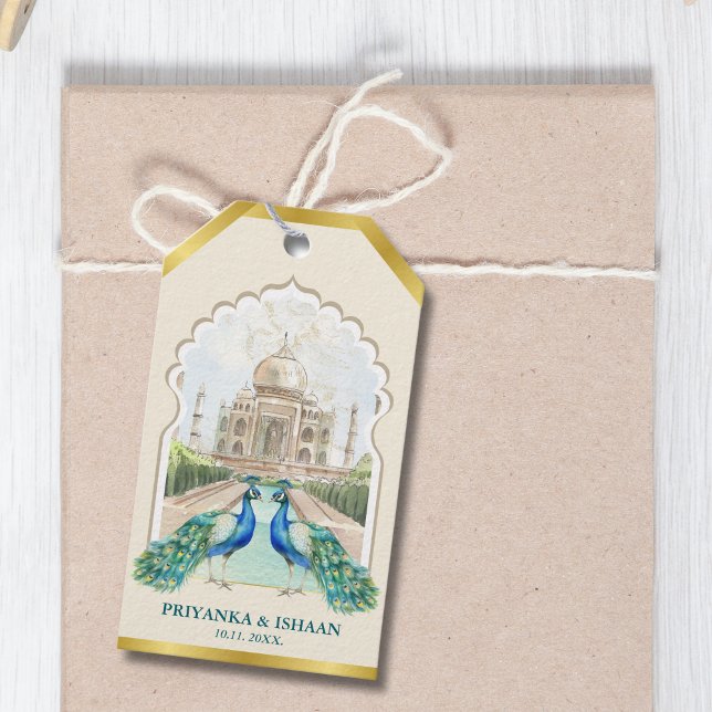 Étiquettes-cadeau Indian Peacock Gold Taj Mahal Mariage esthétique (Peacocks Gold Taj Mahal Aesthetic Indian Hindu Punjabi Traditional Wedding Gift Tag)