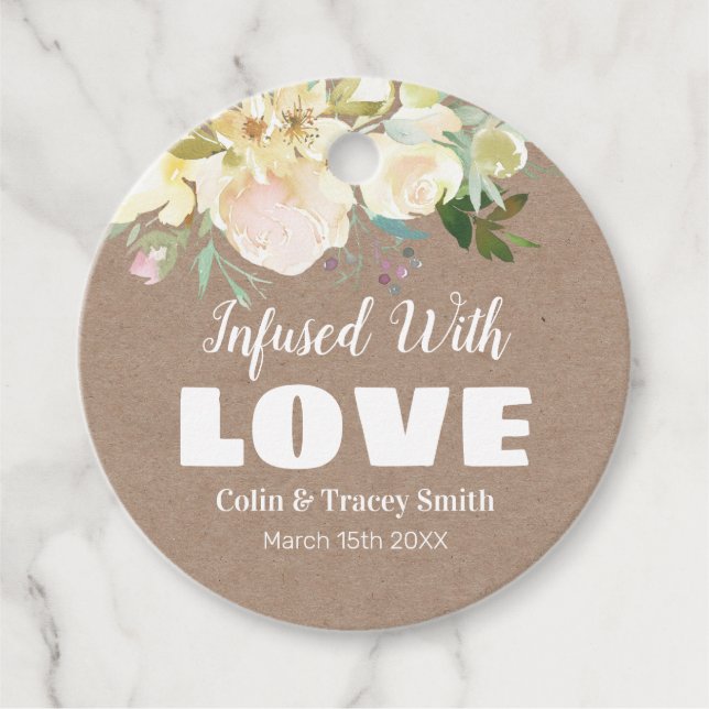 Étiquettes Cadeau Infusé Avec Amour Rustique Kraft Mariage rose Flor (Devant)