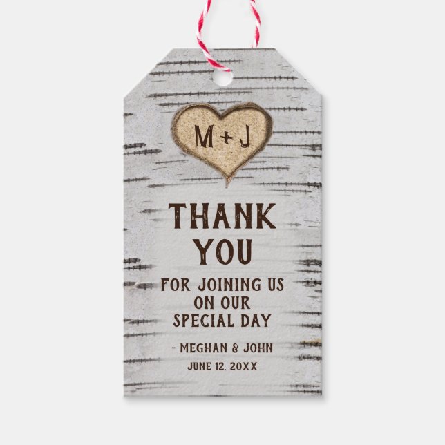 Étiquettes-cadeau Initiales du coeur de bouleau Merci mariage rustiq (Devant)