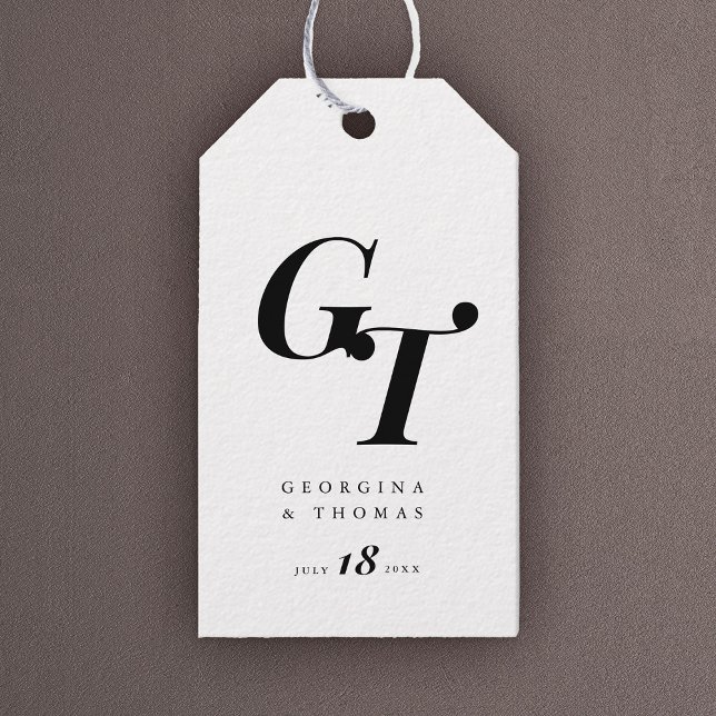 Étiquettes-cadeau Initiales minimales | Chic Monogramme noir et blan (Créateur téléchargé)