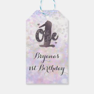 Étiquettes-cadeau Iridescente White Sparkle Glam 1er anniversaire Fa