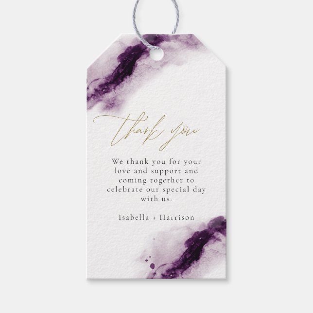 Étiquettes-cadeau IRIS | Plum Purple Aquarelle Splash Gold Favoriser (Devant)