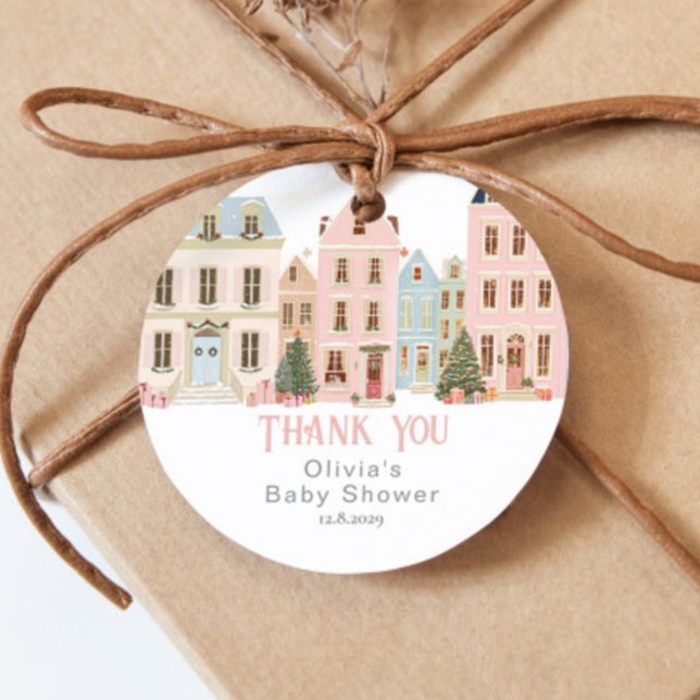 Étiquettes Cadeau It takes a Village Winter Pink Snow Thank you (Créateur téléchargé)