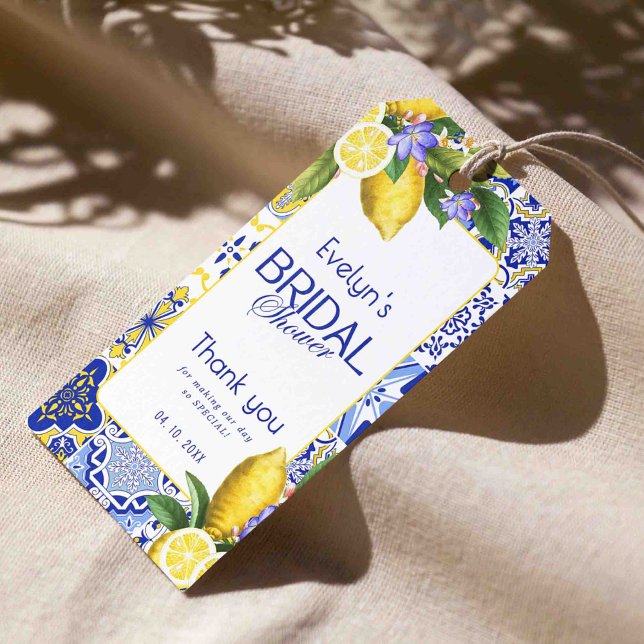 Étiquettes-cadeau Italian Mosaic Blue Tile & Lemons Bridal Shower (Créateur téléchargé)