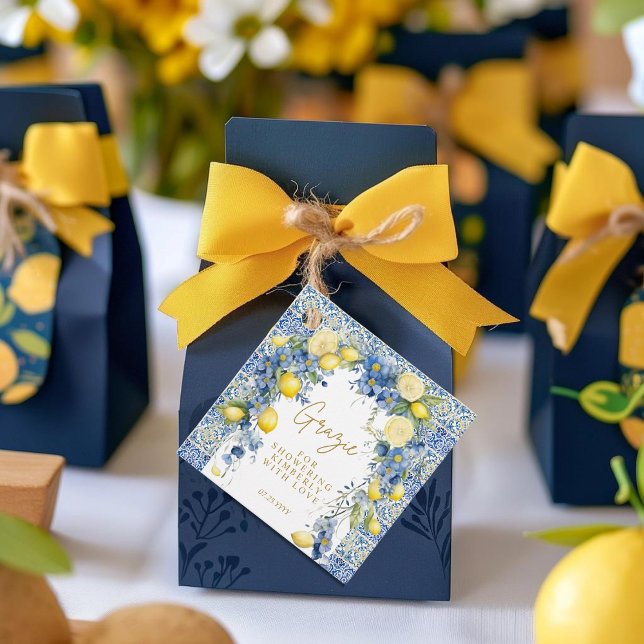 Étiquettes Cadeau Italie Citron Carreaux Bleus Grazie Fête des marié (Créateur téléchargé)