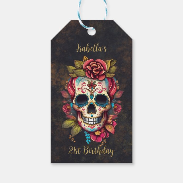 Étiquettes-cadeau Jalon du crâne de sucre floral Anniversaire (Devant)