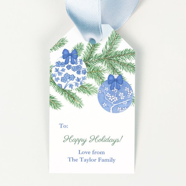 Étiquettes-cadeau Jar de gingembre classique Ornements Joyeuses vaca (Hand painted in watercolor blue and white cherry blossom chinoiserie merry christmas gift tags)