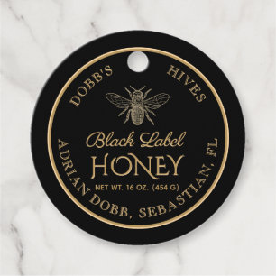 Étiquettes Cadeau Jar de miel rond Necktag Black Gold Vintage Bee