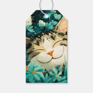 Étiquettes-cadeau Jardin de fleurs de chat endormi à l'aquarelle abe