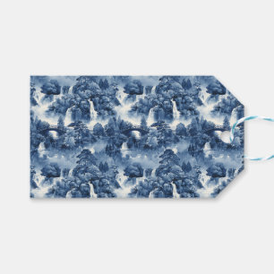 Étiquettes-cadeau Jardin d'eau japonais en porcelaine blanche bleue
