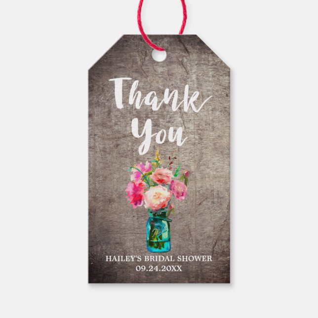 Étiquettes-cadeau Jarre de Mason rustique avec Merci de bouquet de f (Devant)