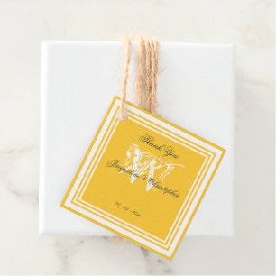 Étiquettes Cadeau Jaune Chaud Mariage Blanc Monogramme Noir Merci