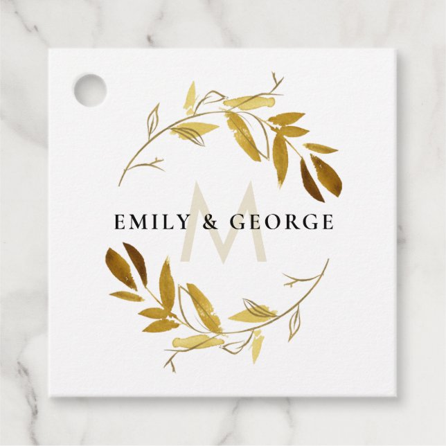 ÉTIQUETTES CADEAU JAUNE OCRE GOLD FOLIAGE MONOGRAM WREATT MARIAGE (Devant)