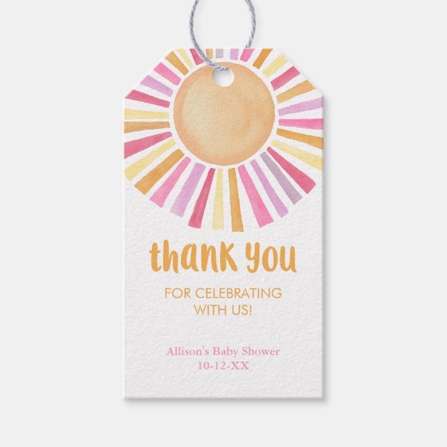 Étiquettes-cadeau Jaune rose Boho soleil fille baby shower (Devant)