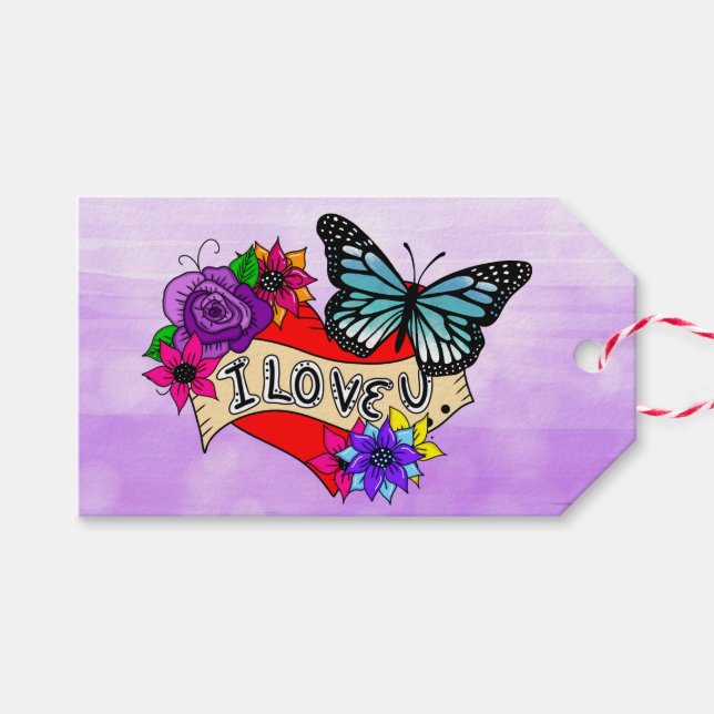 Étiquettes-cadeau Je T'Aime | Coeurs, Roses et papillons (Devant (Horizontal))