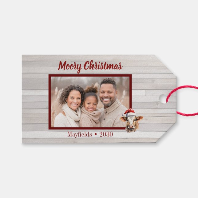 Étiquettes-cadeau Jersey Cow, Barn Wood, Photo "Moory Christmas" (Devant (Horizontal))