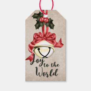 Étiquettes-cadeau Joie au monde Cloche dorée avec Bow rouge