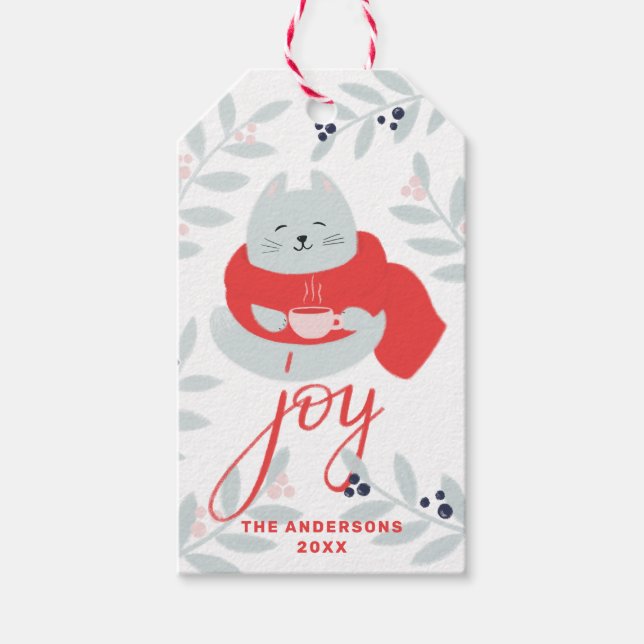 Étiquettes-cadeau Joie. Chat de Noël mignon / animal de vacances d'h (Devant)