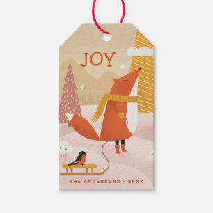 Étiquettes-cadeau Joie. Joli animal de renard hivernal Noël