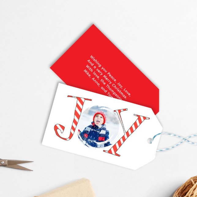 Étiquettes-cadeau Joie Noël Joie Typographie personnalisée (Cute Christmas gift tag with "joy" typography.)