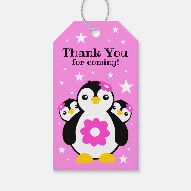 Étiquettes-cadeau Joli Anniversaire Pingouins Fleurs Roses (Devant)