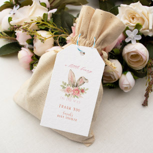 Étiquettes-cadeau Joli Baby shower de lapin à fleurs rose