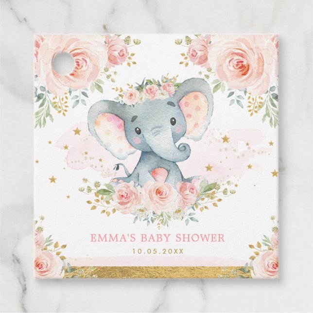 Étiquettes Cadeau Joli Baby shower d'éléphant rose or (Devant)