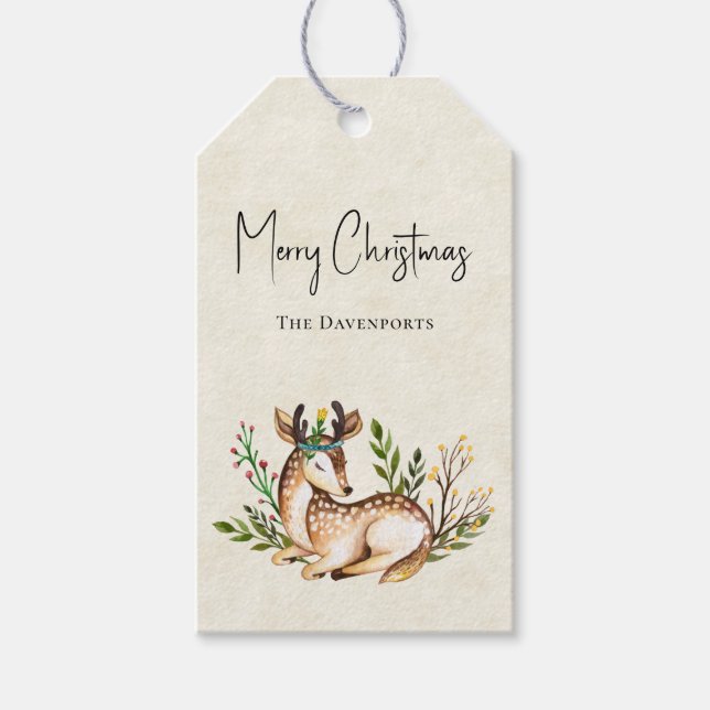 Étiquettes-cadeau Joli Cerf Aquarellé Pose En Bas Boho Noël (Devant)
