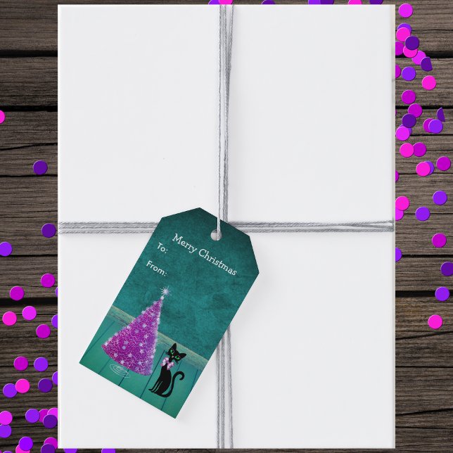 Étiquettes-cadeau Joli chat noir Bow Pink Christmas Tree Turquoise (Atomic black cat pink silver tree in teal colour room on Christmas hanging gift tags.)