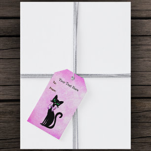 Étiquettes-cadeau Joli Chat Noir Élégant Yeux Verts sur Fond Rose