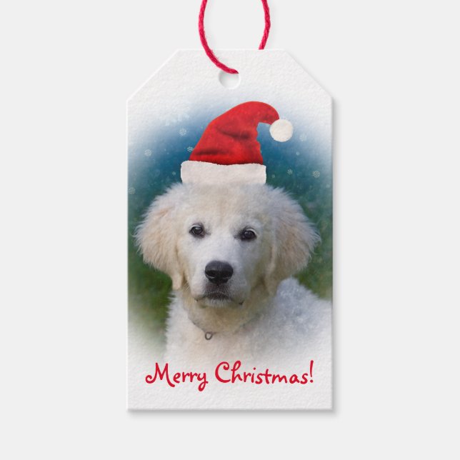 Étiquettes-cadeau Joli chiot Golden Retriever portant le chapeau du  (Devant)