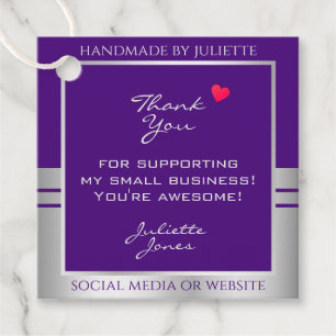 Étiquettes Cadeau Joli coeur violet et Merci d'emballage en argent