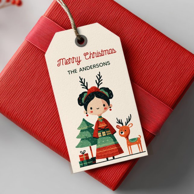 Étiquettes-cadeau Joli dessin animé Frida Kahlo Retro Joyeux Noël (Créateur téléchargé)