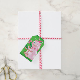Étiquettes-cadeau Joli dessin de Noël Chat tenant une couronne