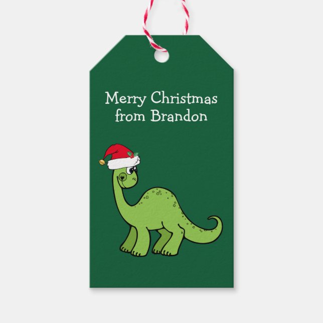 Étiquettes-cadeau Joli Dinosaur de Noël Père Noël Custom Green Party (Devant)