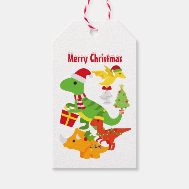 Étiquettes-cadeau Joli Dinosaure de Noël Enfants Blanc (Devant)