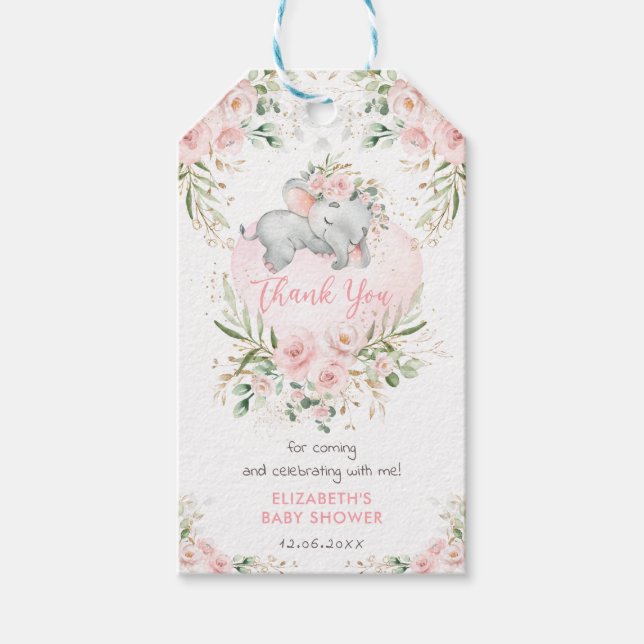 Étiquettes-cadeau Joli Eléphant rose Blush or Baby shower Floral (Devant)