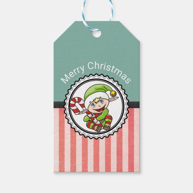 Étiquettes-cadeau Joli elfe de Noël avec Sucre de canne Joyeux Noël (Devant)