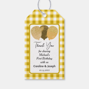 Étiquettes-cadeau Joli Gingham Jaune, 3 Ballons Pailletés Anniversai