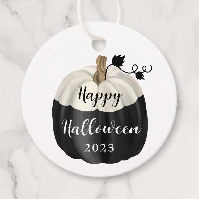 Étiquettes Cadeau Joli Halloween Noir Et Blanc Citrouille (Devant)
