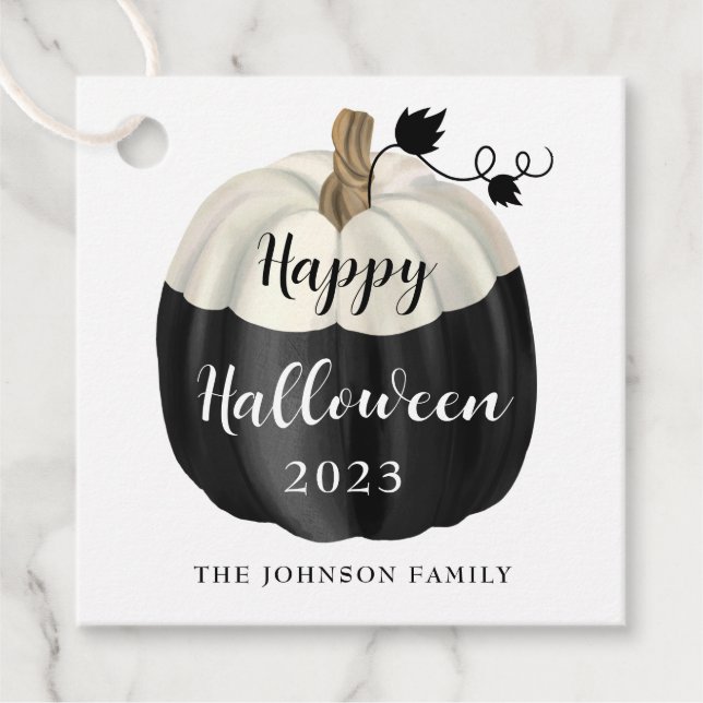Étiquettes Cadeau Joli Halloween noir et blanc Citrouille 2022 (Devant)