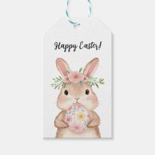 Étiquettes-cadeau joli lapin mignon avec des fleurs et pour Pâques