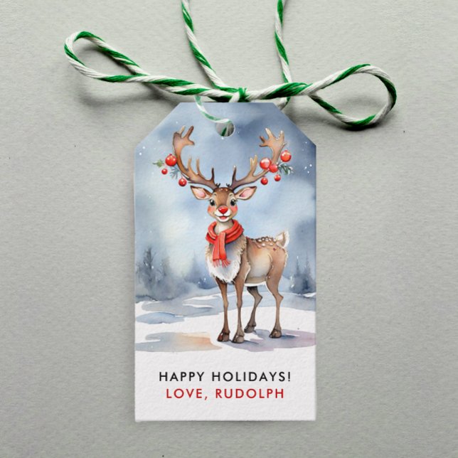 Étiquettes-cadeau Joli Noël hiver Rudolph Reindeer Aquarelle (Créateur téléchargé)