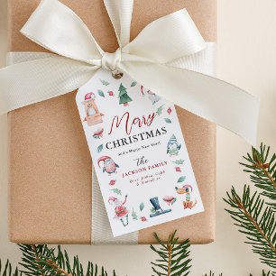 Étiquettes-cadeau Joli Noël joyeux aquarelle d'hiver 