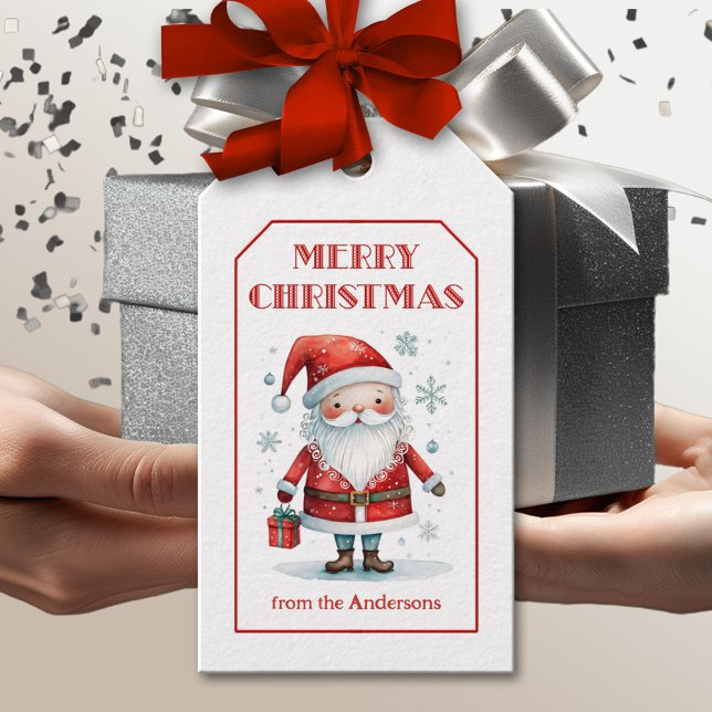 Étiquettes-cadeau Joli Noël Père Noël (Cute Merry Christmas gift tag featuring an illustration of Santa with snow flakes and festive gift.)