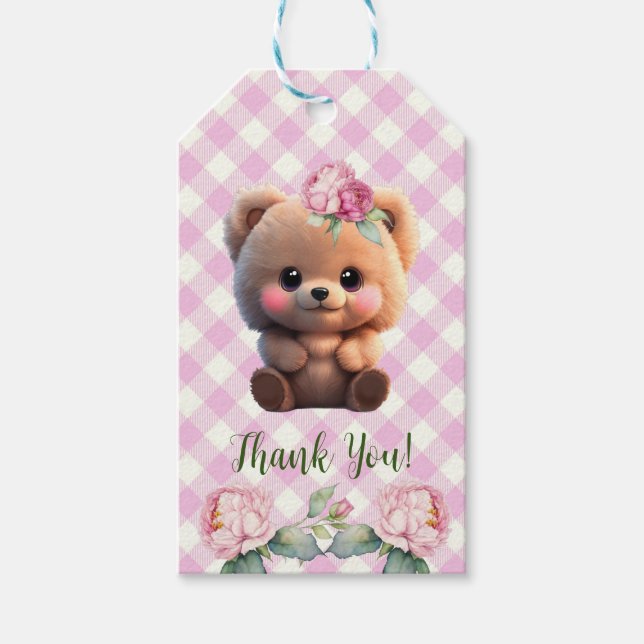 Étiquettes-cadeau Joli ours en peluche rose en vichy Baby shower fle (Devant)