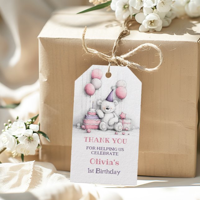 Étiquettes-cadeau Joli ours en peluche rose Merci pour le 1er annive (Créateur téléchargé)